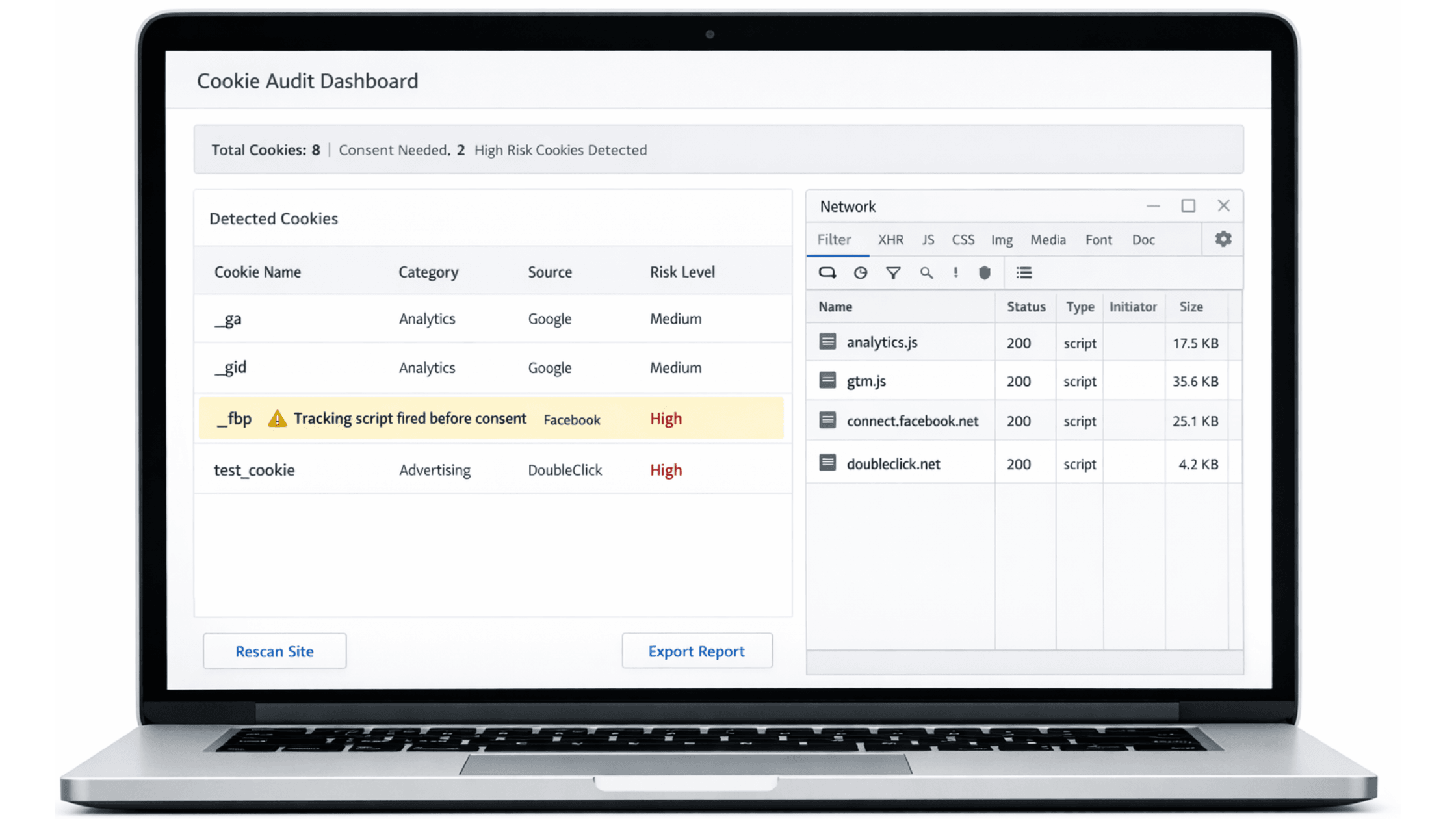Cookie audit tool preview showing cookies, tracking scripts, consent-related findings, and compliance observations