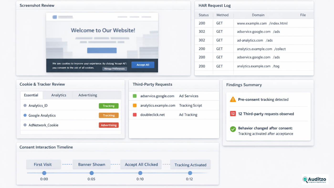 Digital evidence for compliance preview showing screenshots, HAR files, cookies, third-party requests, and structured website observations