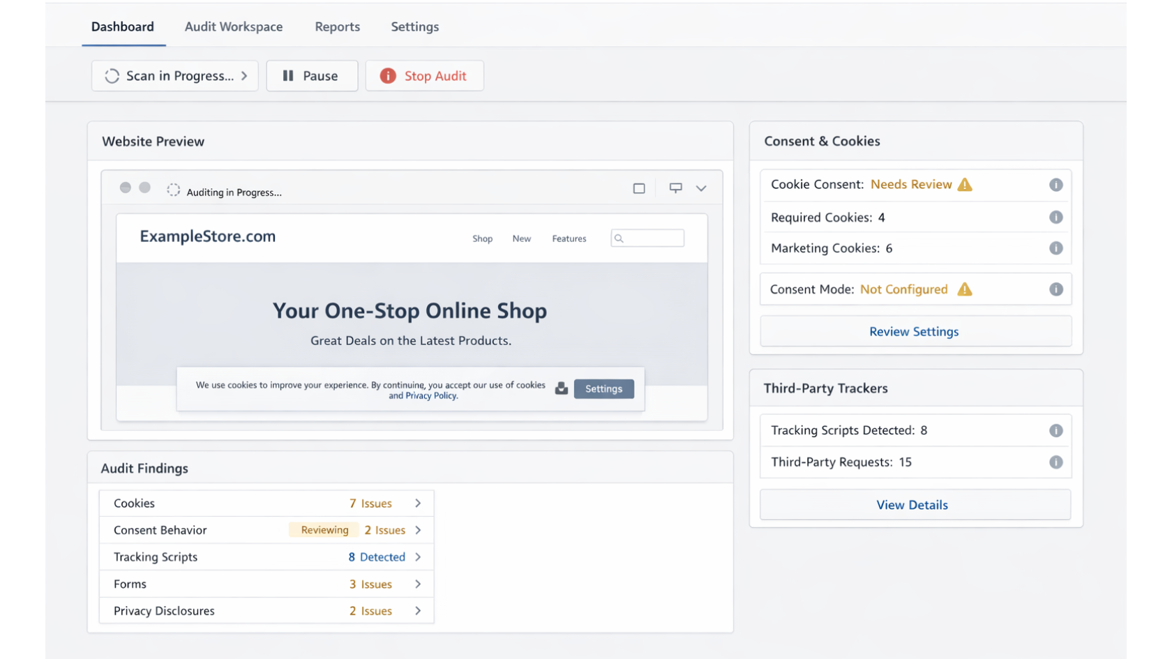 GDPR audit tool preview showing cookies, trackers, consent-related findings, and third-party technology review