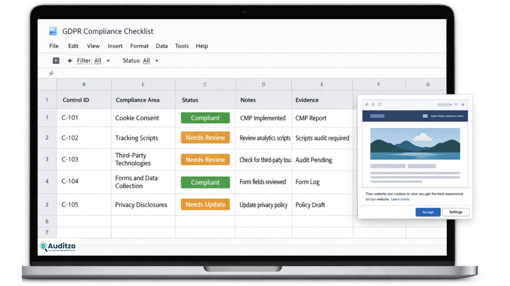 GDPR checklist Excel template preview showing spreadsheet-based audit controls and review columns