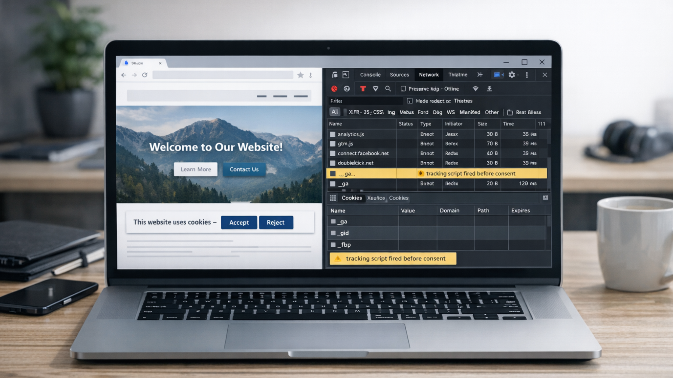 Website compliance checker analyzing cookies, tracking scripts, and compliance-related website behavior