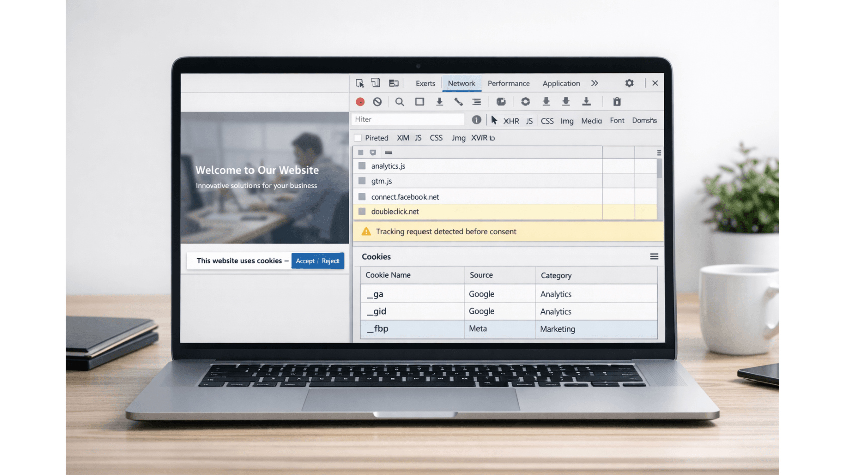 Website privacy audit preview showing tracking scripts, cookies, third-party requests, and compliance observations